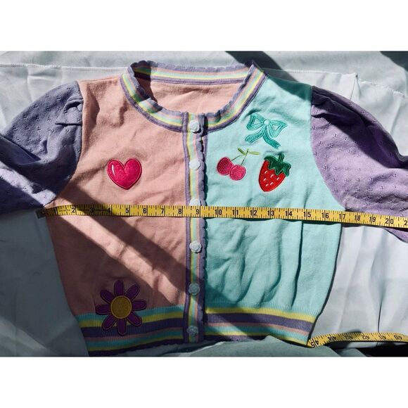 Girls cardigan sweater, green, pink and purple with embroidered fruit and heart - Picture 5 of 6